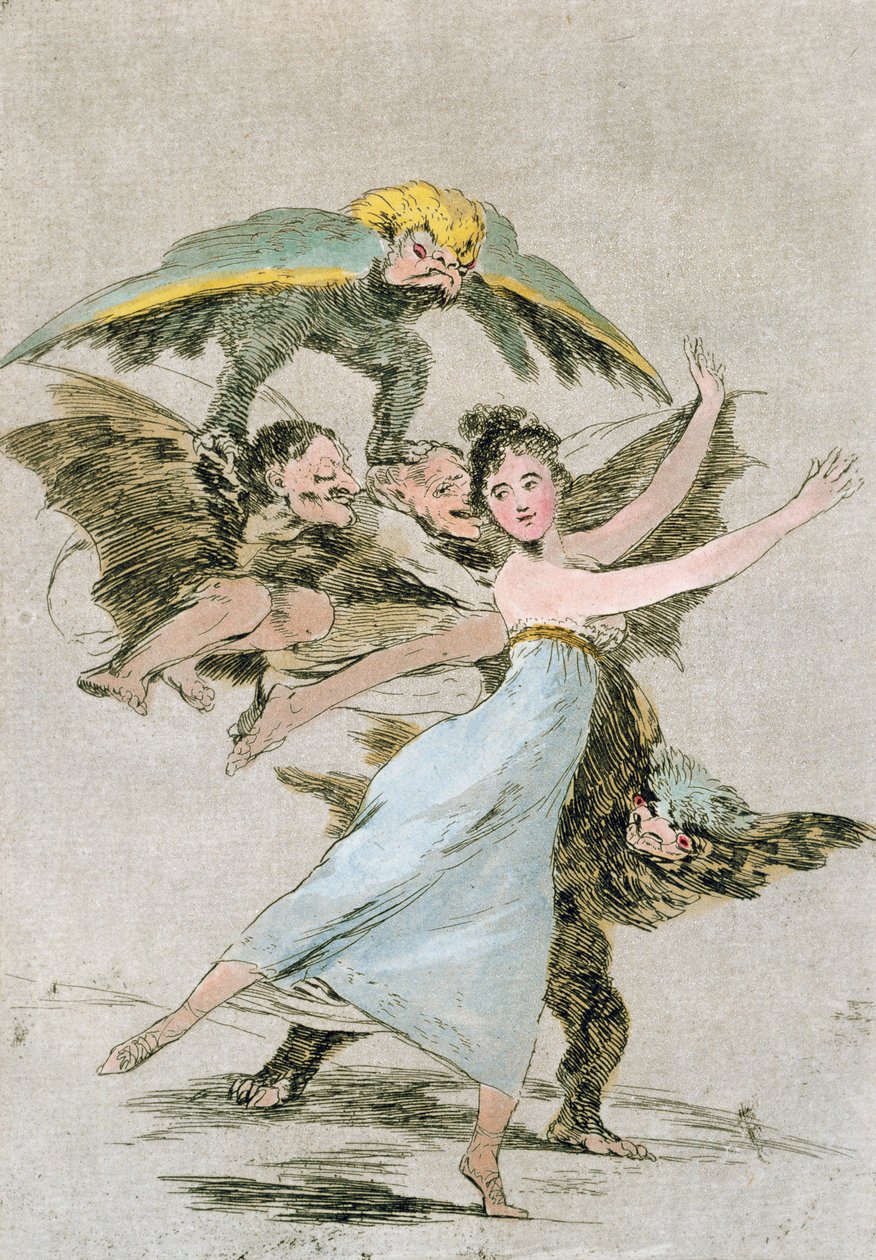 No te escaparas (Et pakene), "Los Caprichos" -levy 72, 1700-luvun loppu (värikaiverrus) tekijältä Francisco de Goya