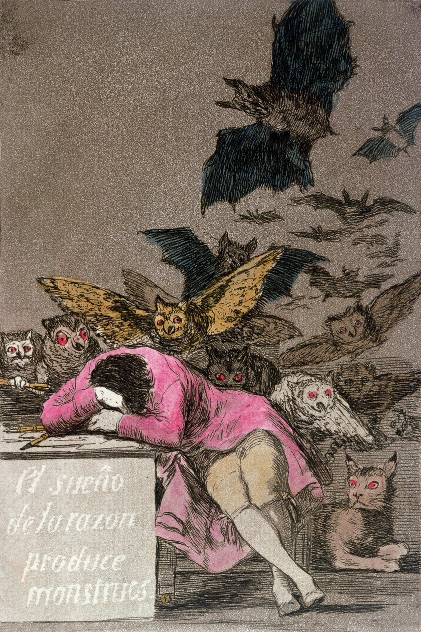 Järjen uni tuottaa hirviöitä, "Los Caprichos":n levy 43, julkaistu n. 1810 (värikaiverrus) tekijältä Francisco de Goya