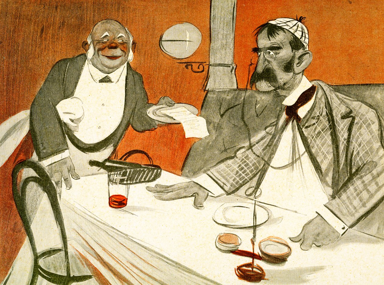 Theophile Delcasse kiistelemässä laskua ranskalaisessa ravintolassa, 1903 tekijältä Francisco Sancha y Lengo