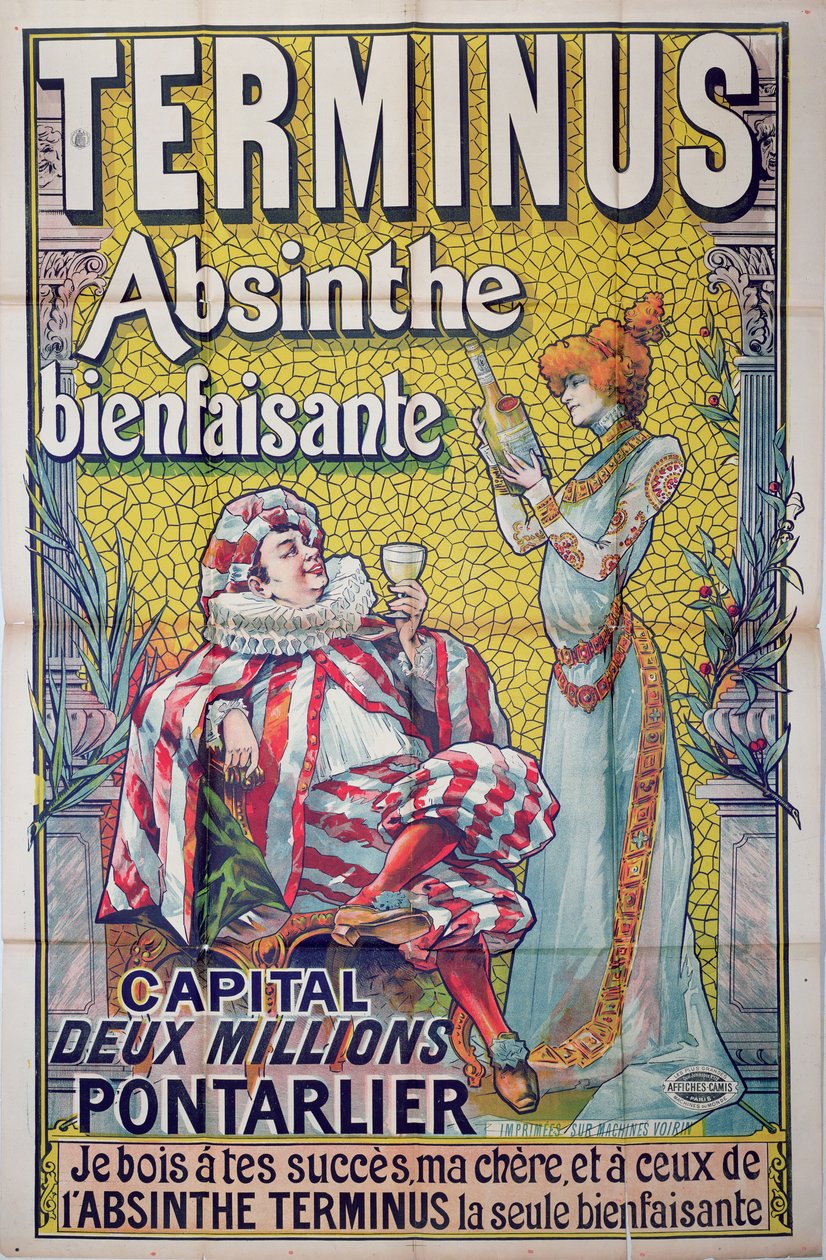 Terminus"-absinttia mainostava juliste, jossa Sarah Bernhardt näyttelee "Absinttiä" ja Constant Coquelin Molieren "Sgnanarellea", 1800-luvun loppupuoli tekijältä Francisco Tamagno