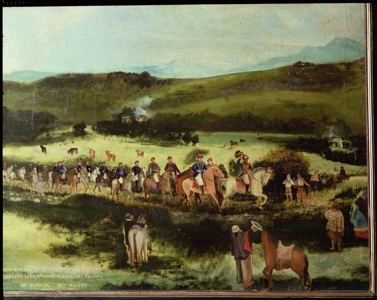 Simon Bolivar (1783-1830) ja Francisco de Paula Santander (1792-1840) matkalla Bogotaan Libertadorin armeijan kanssa Boyacan voiton jälkeen, 10. elokuuta 1829. tekijältä Francisco de Paula Alvarez