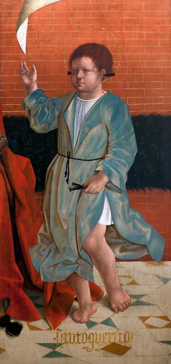 Saint Cyr - yksityiskohta Our Lady of Grace, Saint Juliet ja Saint Cyr, maalaus Francisco Henriques (flaamilainen maalari, toiminut vuosina 1506-1518), öljy puulle, noin 1508-1512, Saint Francois de Evoran sivukappelista (St. Cyr, yksityiskohta, kirjoittan tekijältä Francisco (attr.to) Henriques