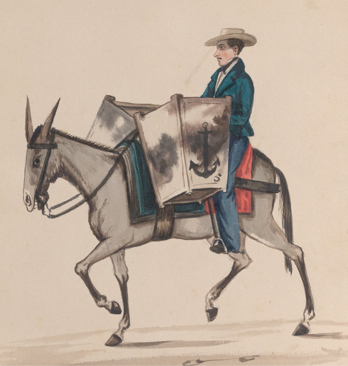 Leipuri hevosen selässä, ryhmästä piirustuksia, jotka kuvaavat perulaista pukua, n. 1848. tekijältä Francisco