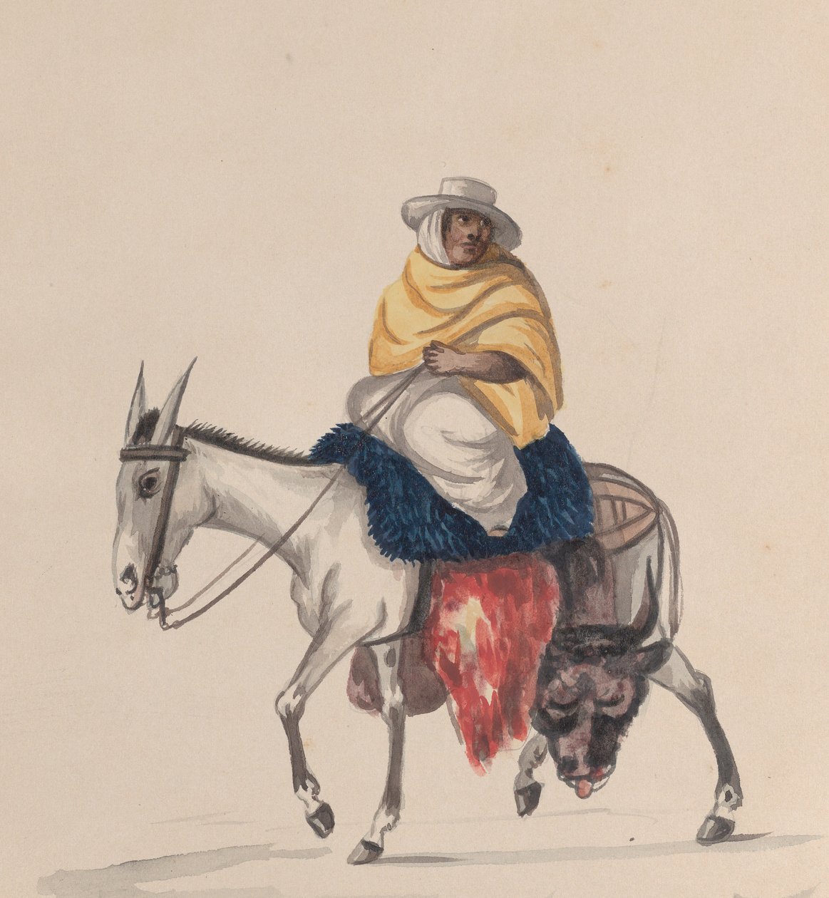 Teurastaja ratsastaa aasilla, ryhmästä piirustuksia, jotka kuvaavat perulaista pukua, n. 1848. tekijältä Francisco