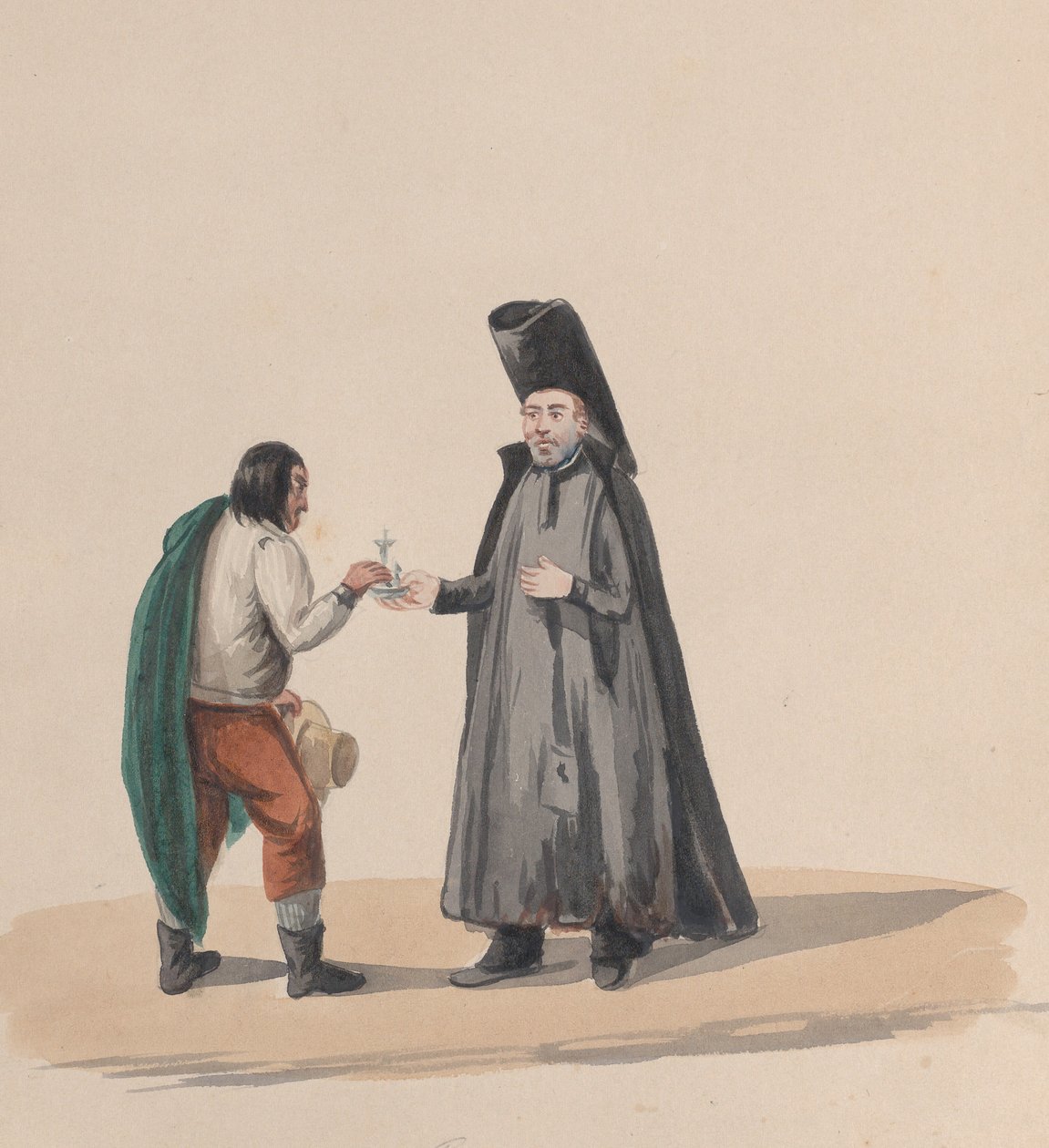 Kanoni, joka luovuttaa krusifiksin miehelle, piirustusryhmästä, joka kuvaa perulaista pukua, 1848. tekijältä Francisco
