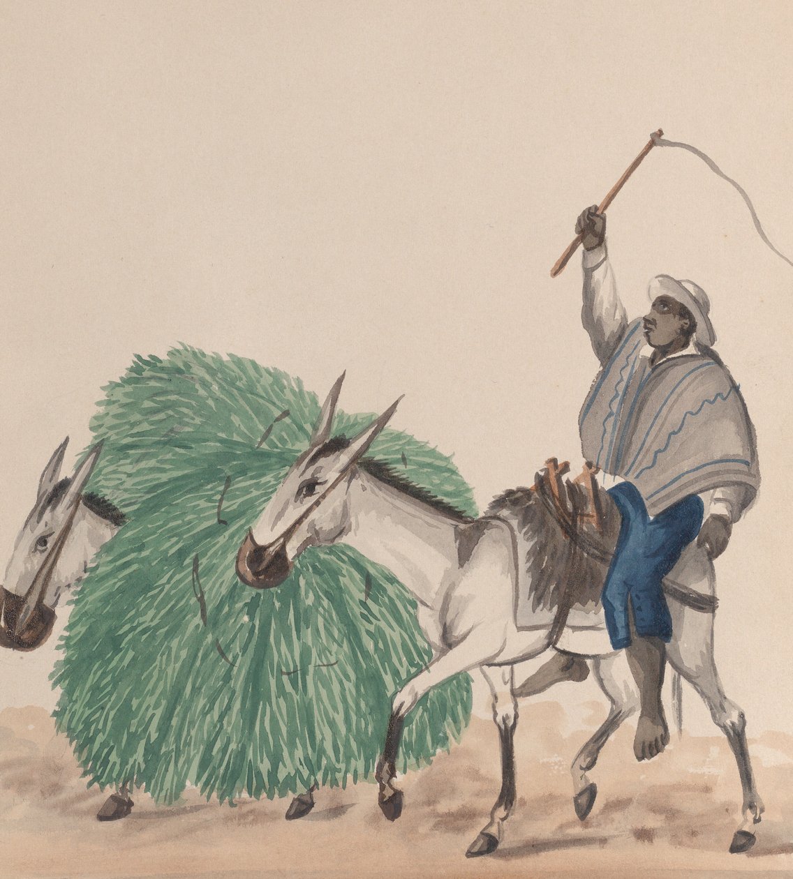 Mies ratsastaa muulilla, piiska nostettuna, toinen muuli täynnä ruohoa rinnalla..., n. 1848. tekijältä Francisco