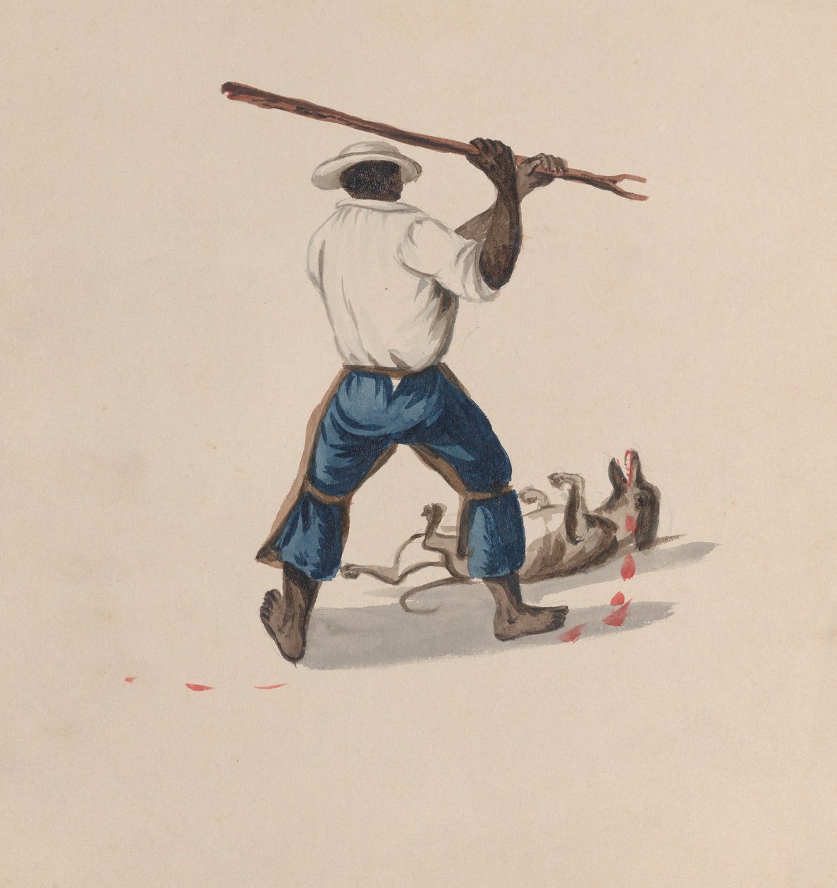 Mies takaa katsottuna lyömässä koiraa kepillä, piirrosryhmästä, joka kuvaa..., n. 1848 tekijältä Francisco