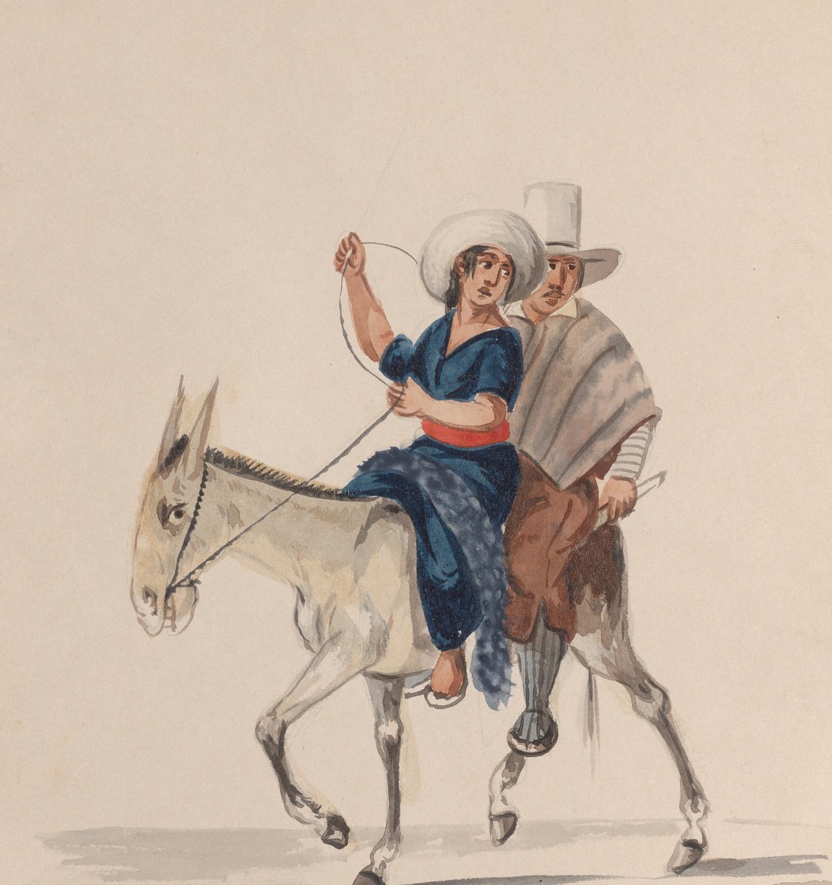 Intialainen mies ja nainen ratsastamassa aasilla, ryhmästä piirustuksia, jotka kuvaavat Perulaista..., n. 1848. tekijältä Francisco