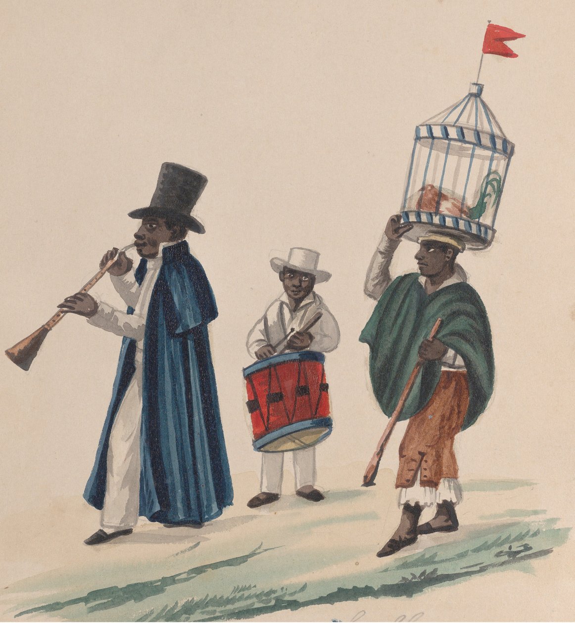 Kaksi muusikkoa ja mies, joka kantaa päässään kukkoa häkissä, ryhmästä..., noin. 1848. tekijältä Francisco