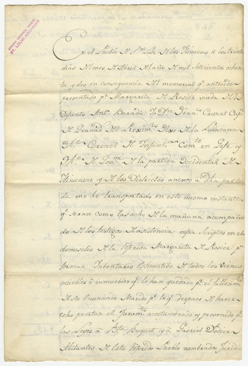 Antoine Baradan luettelo allekirjoitettu Fran. Cruzat, Josef Bexmes, Dodier, Becquet ja muut, huhtikuu 1782 tekijältä Francisco Cruzat