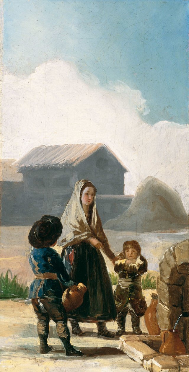Nainen ja kaksi lasta suihkulähteen vieressä tekijältä Francisco de Goya