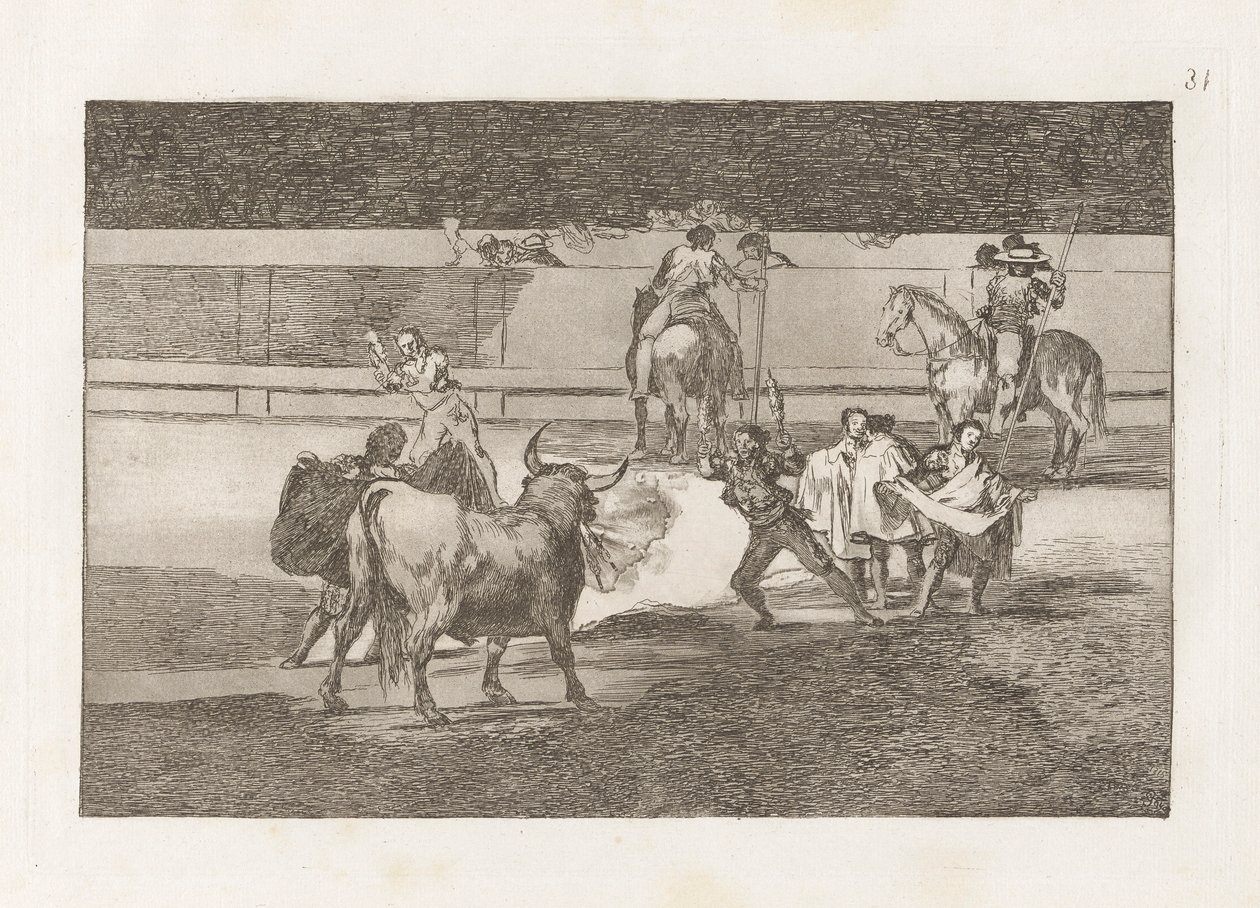Banderillas de Fuego (Banderillat sähinkäisten kanssa), levy 31 Bullfightingista tekijältä Francisco de Goya