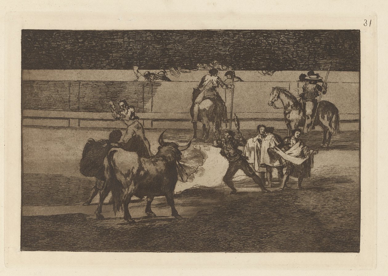 Fire Banderillat (Banderillat sähinkäisten kanssa), levy 31 Bullfightingista tekijältä Francisco de Goya