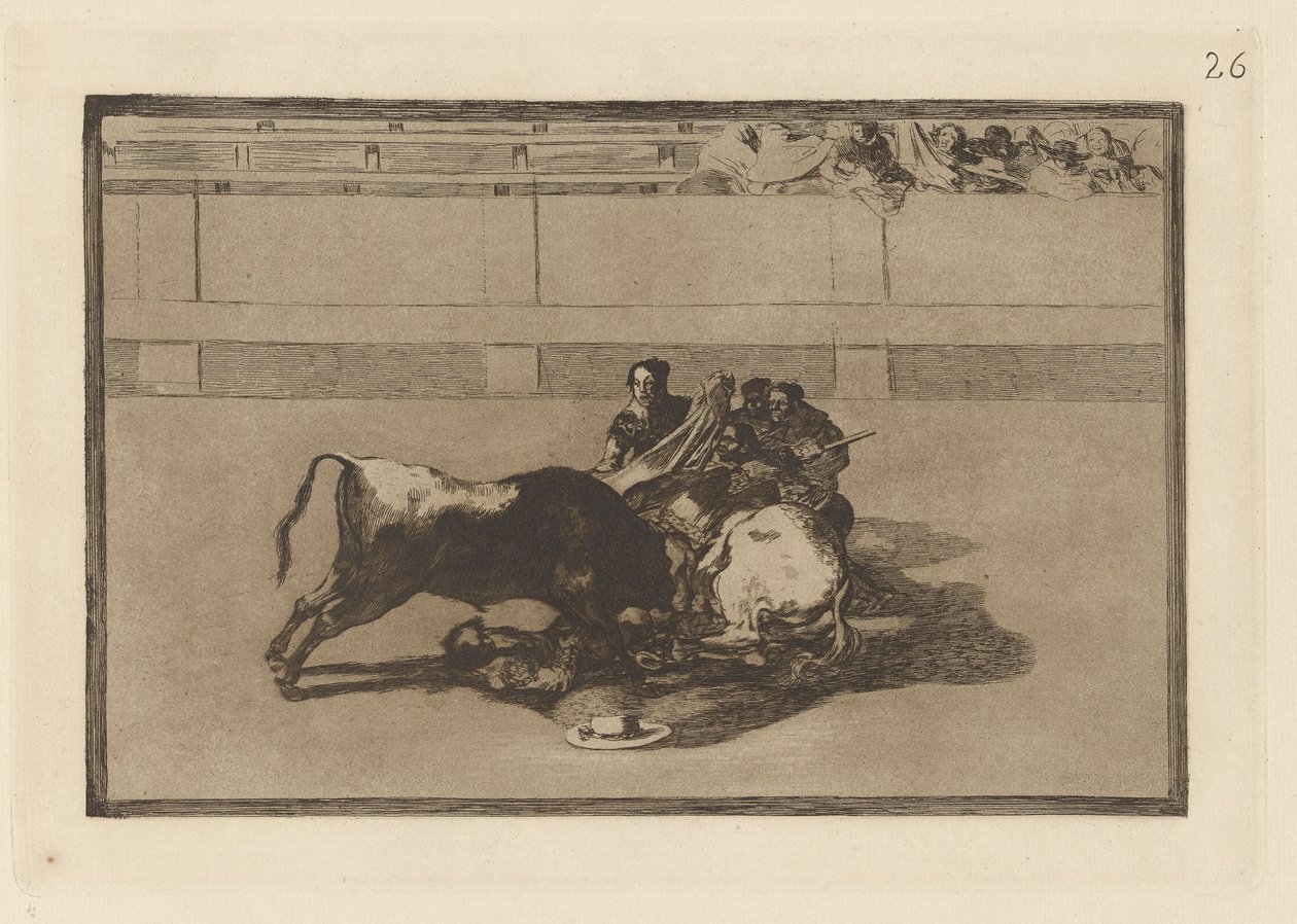 Picadorin putoaminen hevosestaan ​​härän alapuolelle (Picador on hevoston ja putoaa härän alle), levy 26 La tauromaquiasta tekijältä Francisco de Goya