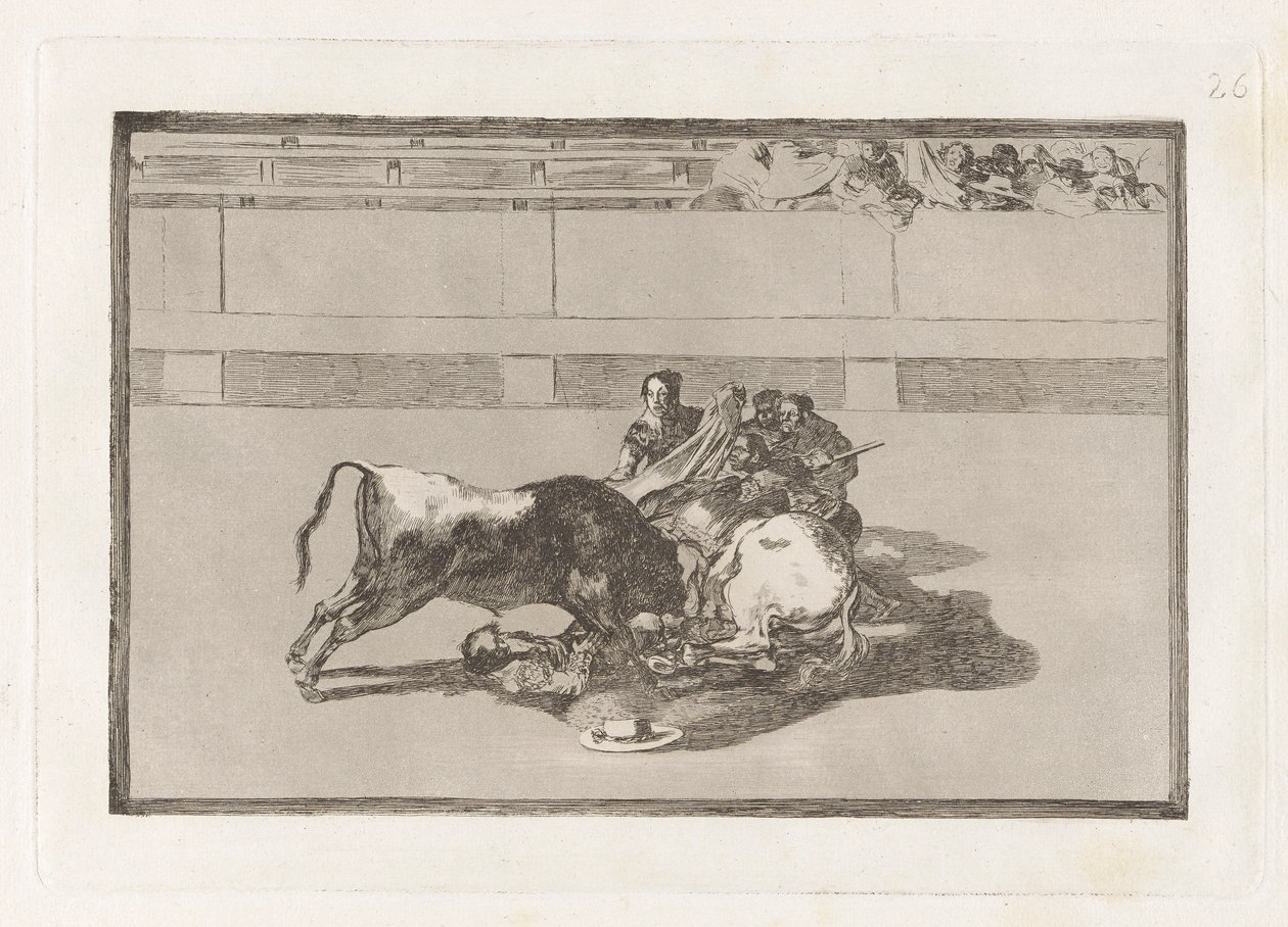 Picadorin putoaminen hevosestaan ​​härän alapuolelle (Picador on hevoston ja putoaa härän alle), levy 26 La tauromaquiasta tekijältä Francisco de Goya