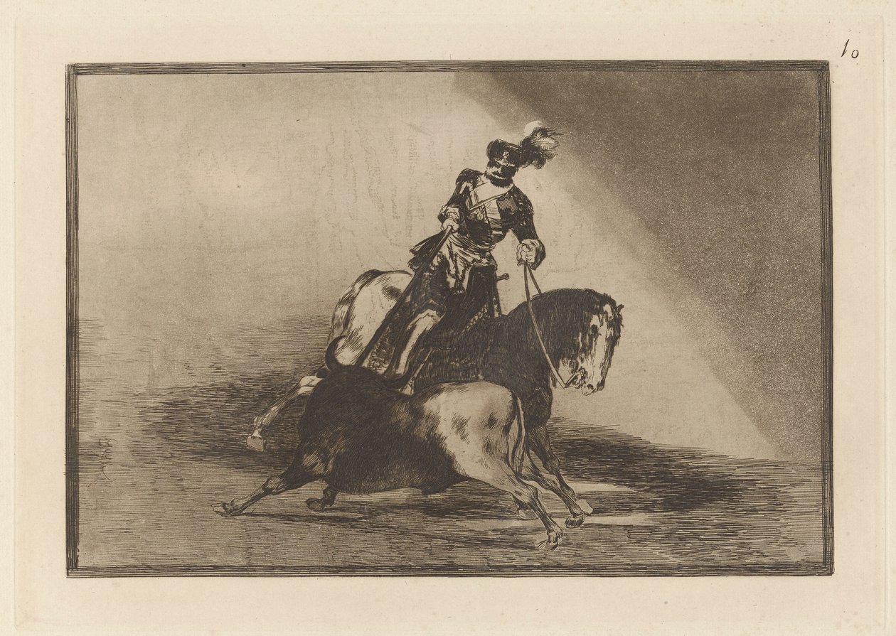Carlos V. Spearing a Bull Plaza de Valladolid (Charles V. Spearing a Bull in the Ring at Valladolid), levy 10 La tauromaquiasta tekijältä Francisco de Goya