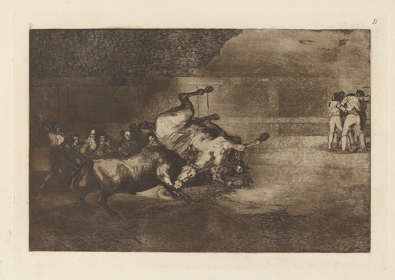 Härän heittama hevonen, La tauromaquian levy B (kolmas painos) tekijältä Francisco de Goya