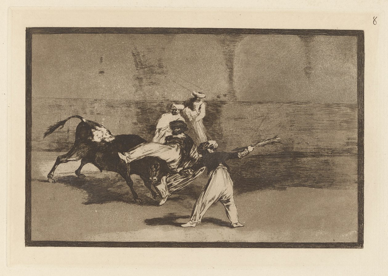 Moor, jonka härkä pyydystää kehässä, levy 8 La tauromaquialta tekijältä Francisco de Goya