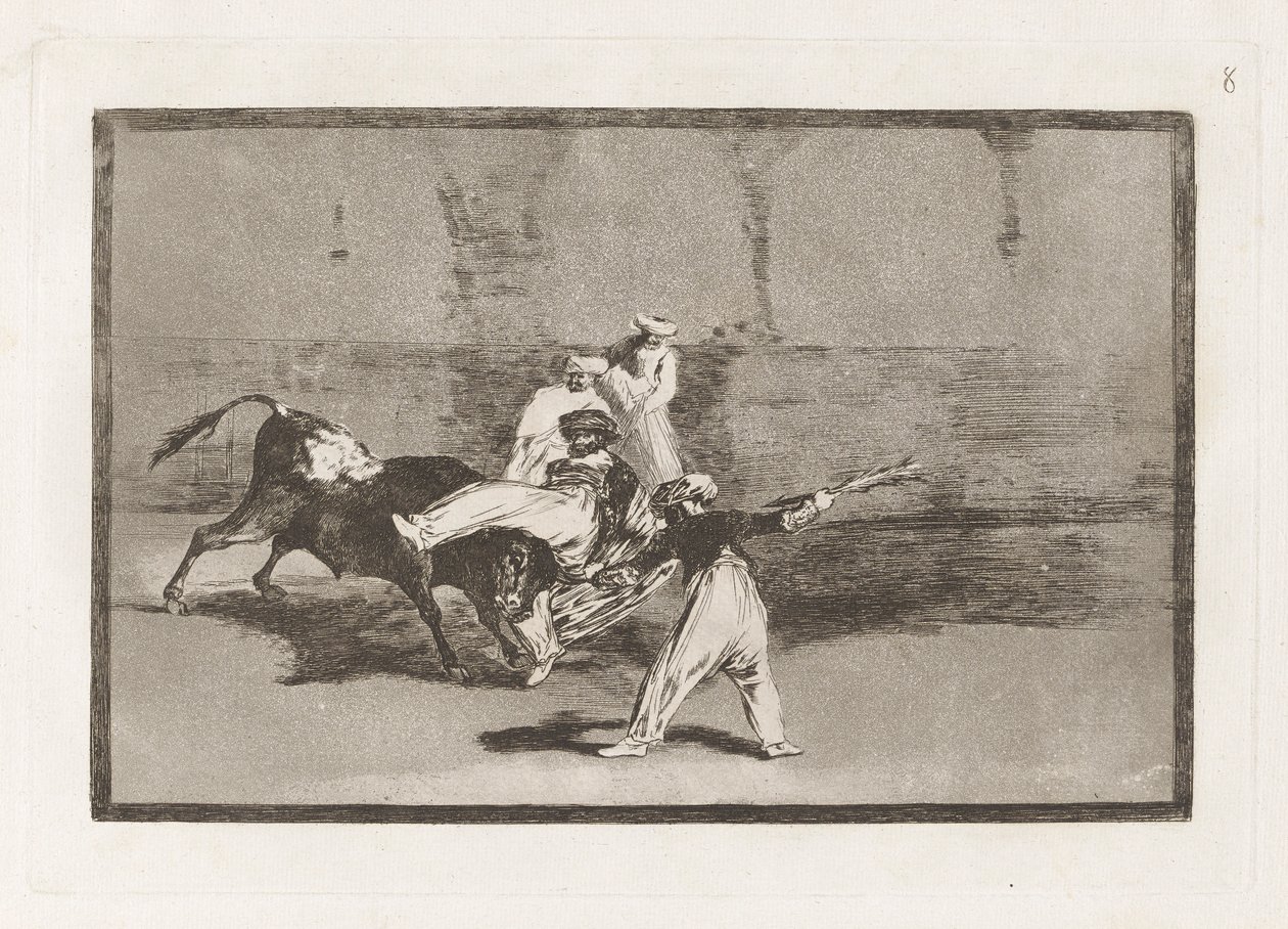 Cogida de un moro estando en la plaza (Mauri, jonka härä on vanginnut kehässä), levy 8 La tauromaquiasta tekijältä Francisco de Goya