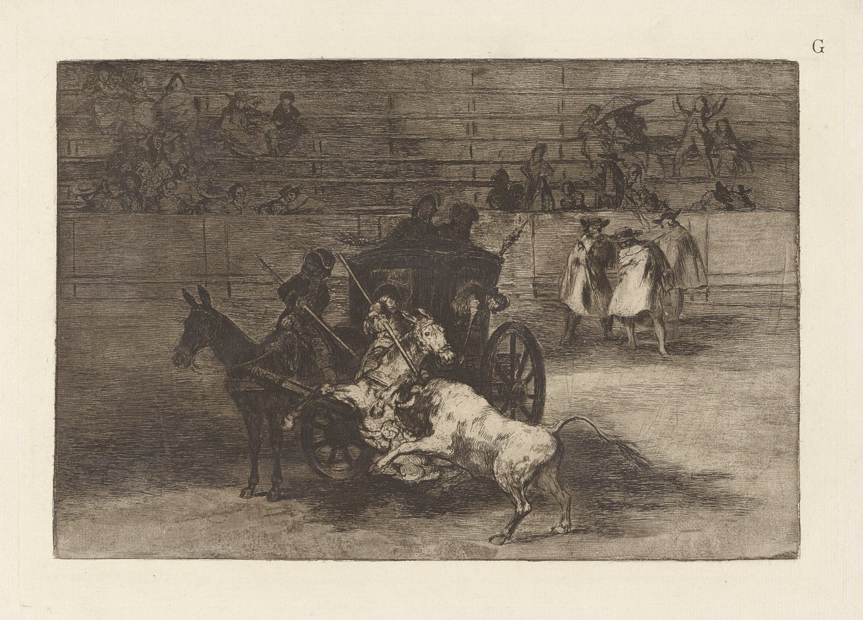 Taistele kahdelle muuliin valjastetussa vaunussa, La tauromaquian levy G (kolmas painos) tekijältä Francisco de Goya