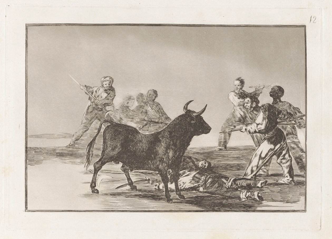 Rabble Hamstring härkä lansseilla, sirpeillä, banderillalla ja muilla käsivarsilla, levy 12 La tauromaquiasta tekijältä Francisco de Goya