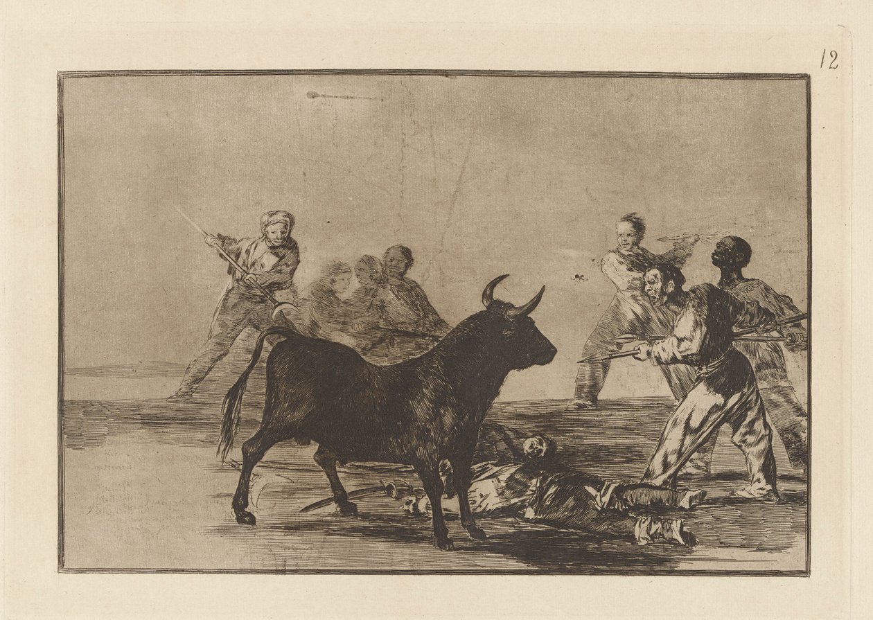 Rabble Hamstring härkä lansseilla, sirpeillä, banderillalla ja muilla käsivarsilla, levy 12 La tauromaquiasta tekijältä Francisco de Goya