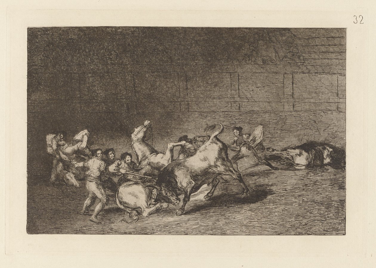 Kaksi Picador-joukkuetta, jotka yksi härkä heitti peräkkäin, levy 32 La tauromaquiasta tekijältä Francisco de Goya
