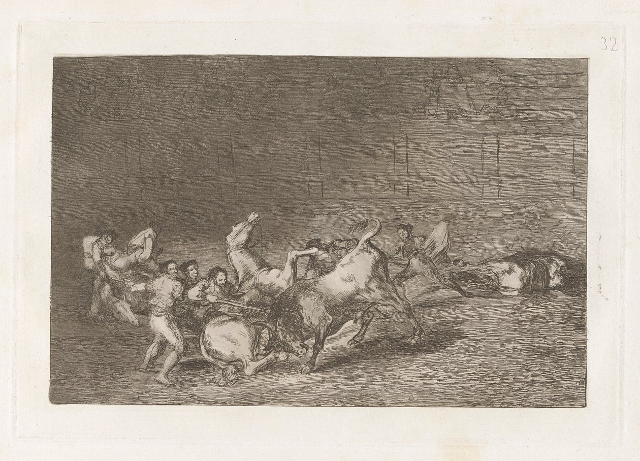 Kaksi Picador-joukkuetta, jotka yksi härkä heitti peräkkäin, levy 32 La tauromaquiasta tekijältä Francisco de Goya