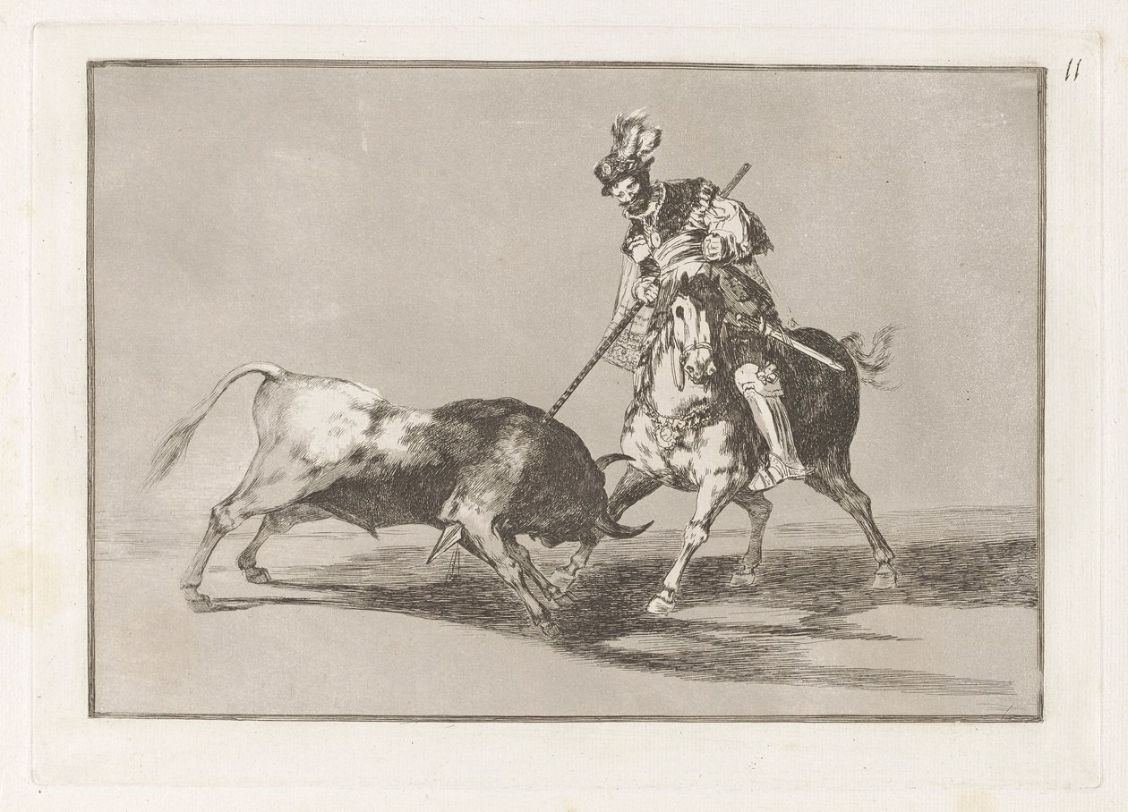 El Cid Campeador keihäämässä toista härkää (The Cid Campeador Spearing Another Bull), levy 11 La tauromaquiasta tekijältä Francisco de Goya