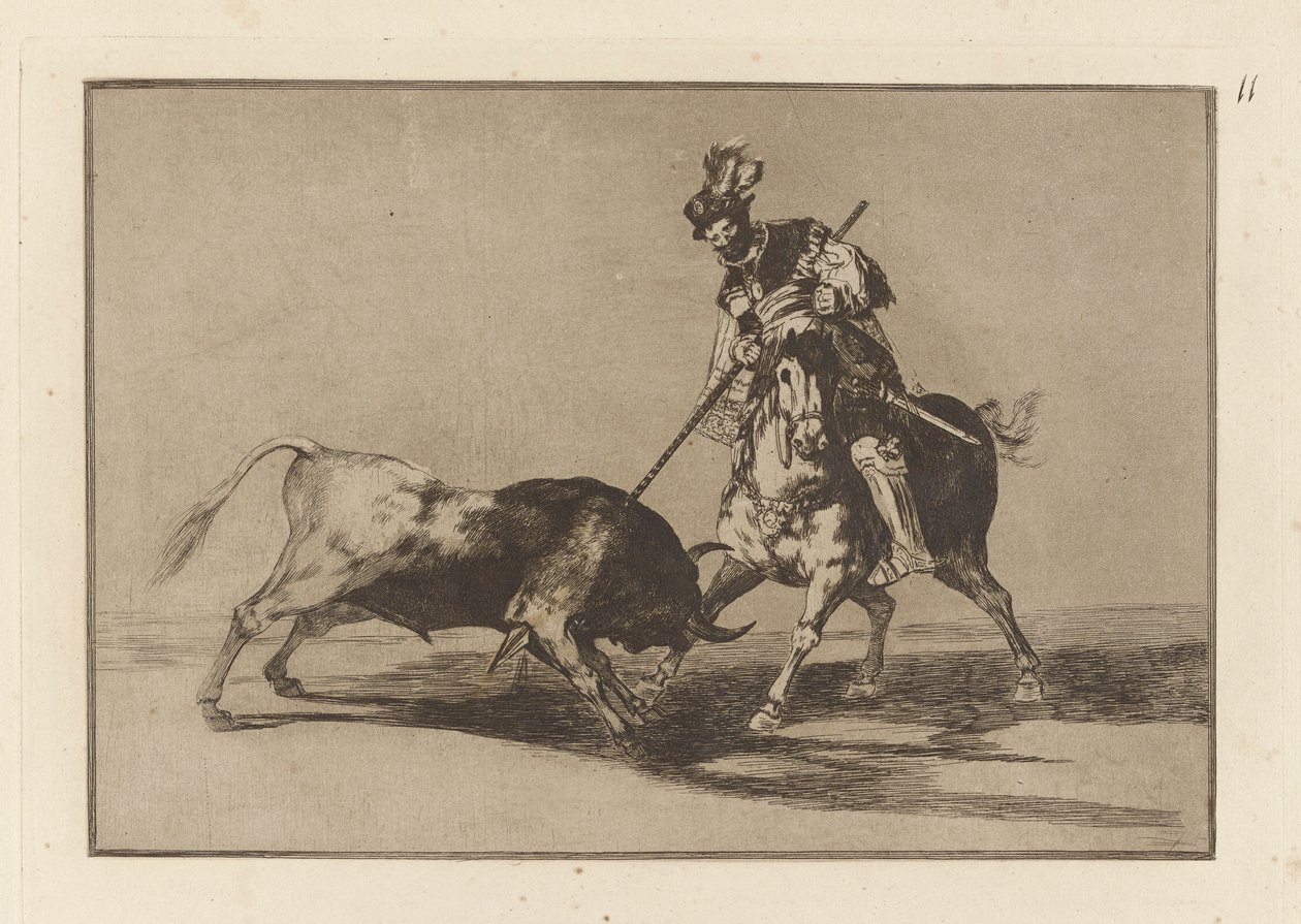 El Cid Campeador keihäämässä toista härkää (The Cid Campeador Spearing Another Bull), levy 11 La tauromaquiasta tekijältä Francisco de Goya