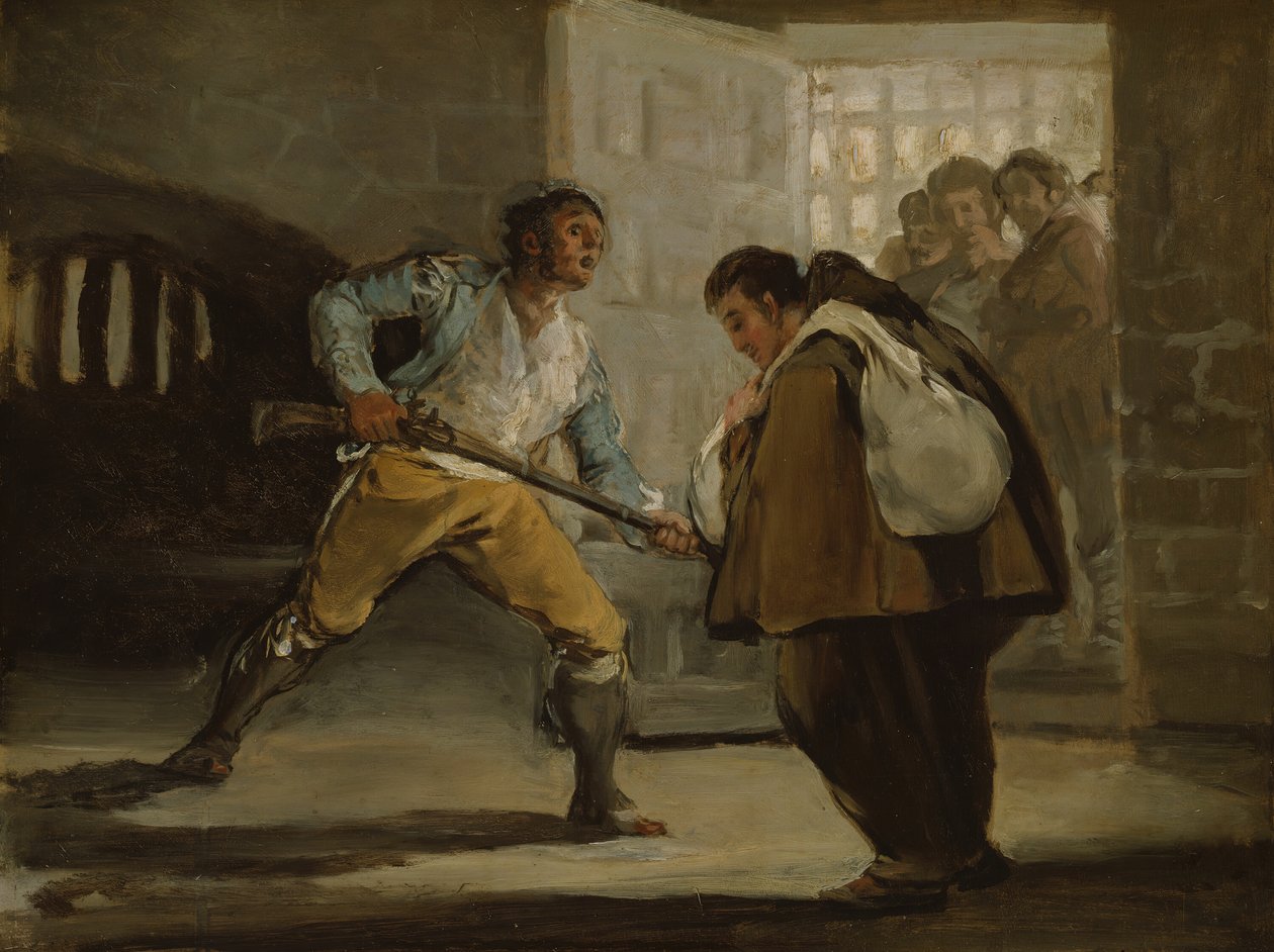 Maragato uhkaa Zaldivian veljeä Peteriä aseella, n. 1806. tekijältä Francisco de Goya