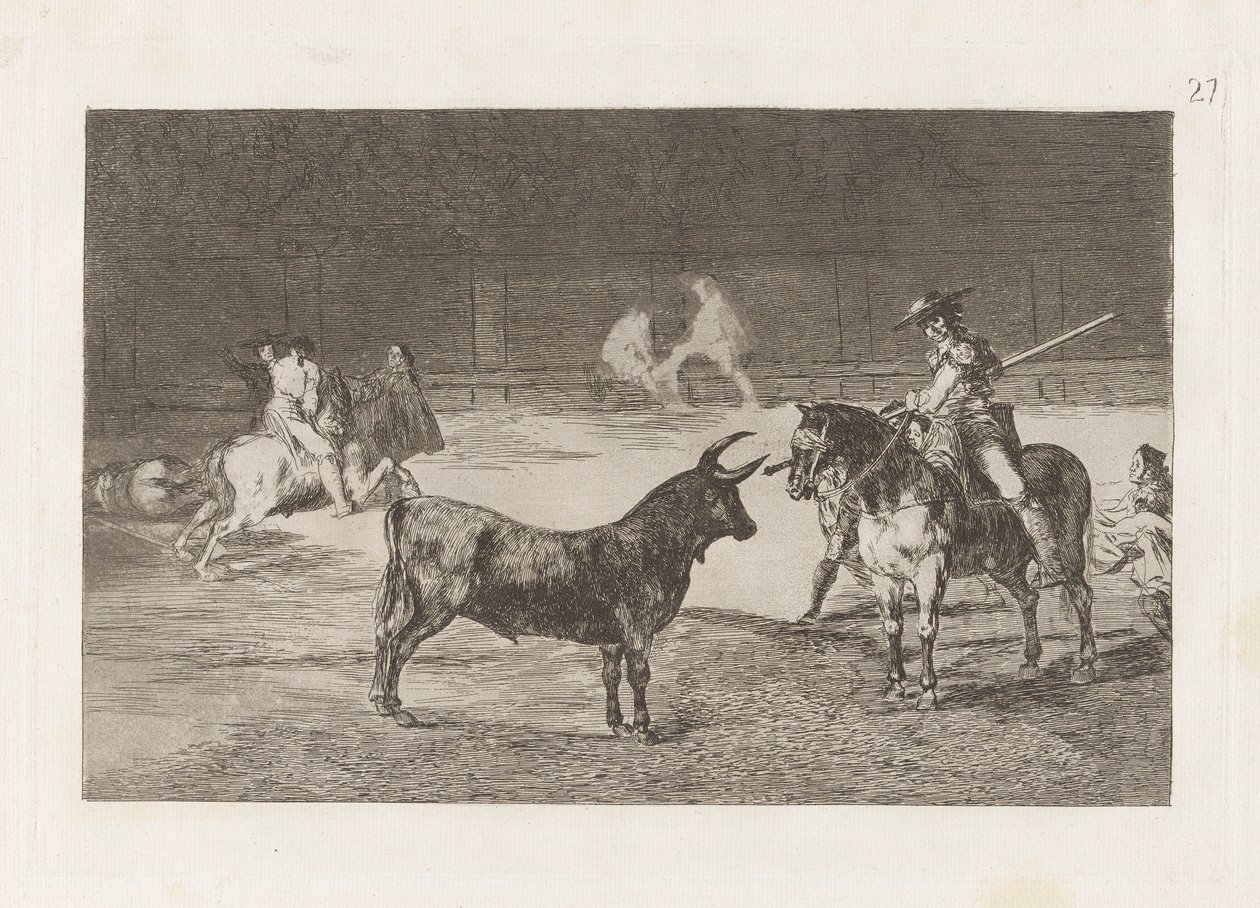 El c?lebre Fernando del Toro, barilarguero, pakottaa pedon tangollaan (juhlittu Picador, Fernando del Toro, vetää kiihkeän pedon Piquellä), levy 27 La tauromaquiasta tekijältä Francisco de Goya
