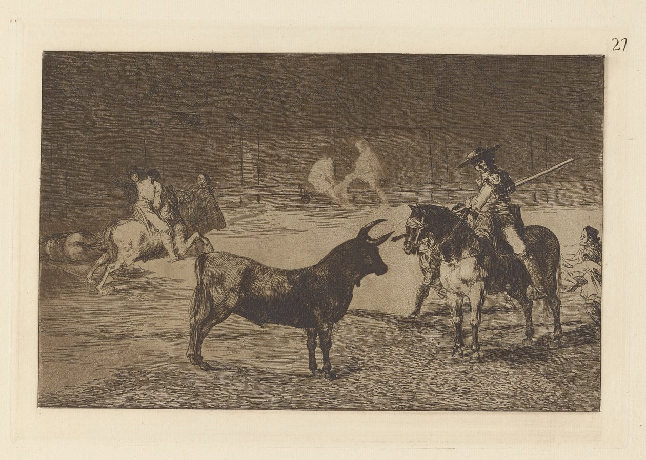 Kuuluisa Fernando del Toro, barilarguero, pakottaa ? la Fiera con su garrocha (juhlittu Picador, Fernando del Toro, vetää kiihkeän pedon Piquellaan), levy 27 La tauromaquiasta tekijältä Francisco de Goya