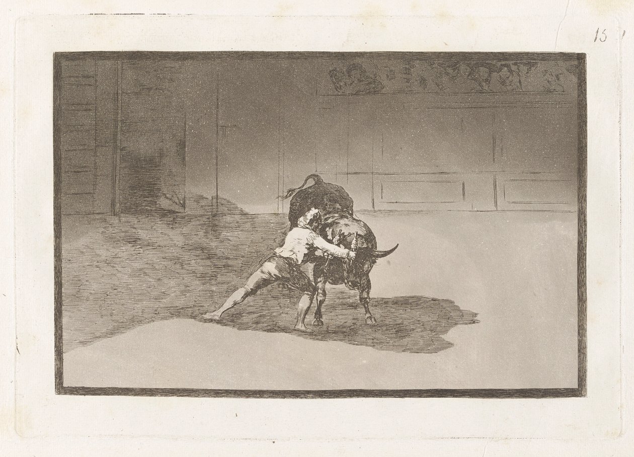 Kuuluisa Martincho laittaa banderillat al quiebro (kuuluisa Martincho asettaa banderillat leikkimään härkää kehonsa liikkeellä), levy 15 La tauromaquiasta tekijältä Francisco de Goya