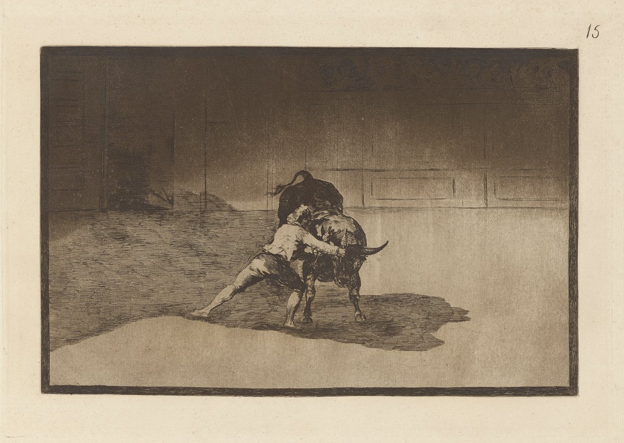 Kuuluisa Martincho, joka laittaa banderillot tauolle. (Kuuluisa Martincho asettaa banderillat leikkimään härkää kehonsa liikkeellä), levy 15 La tauromaquiasta tekijältä Francisco de Goya
