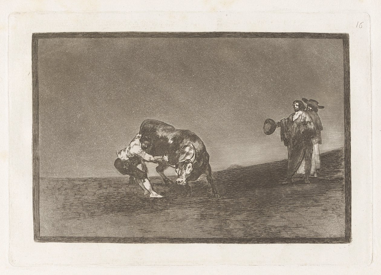 Hän itse heittää härän Madridin aukiolle (Sama mies heittää härän kehään Madridissa), levy 16 La tauromaquiasta tekijältä Francisco de Goya