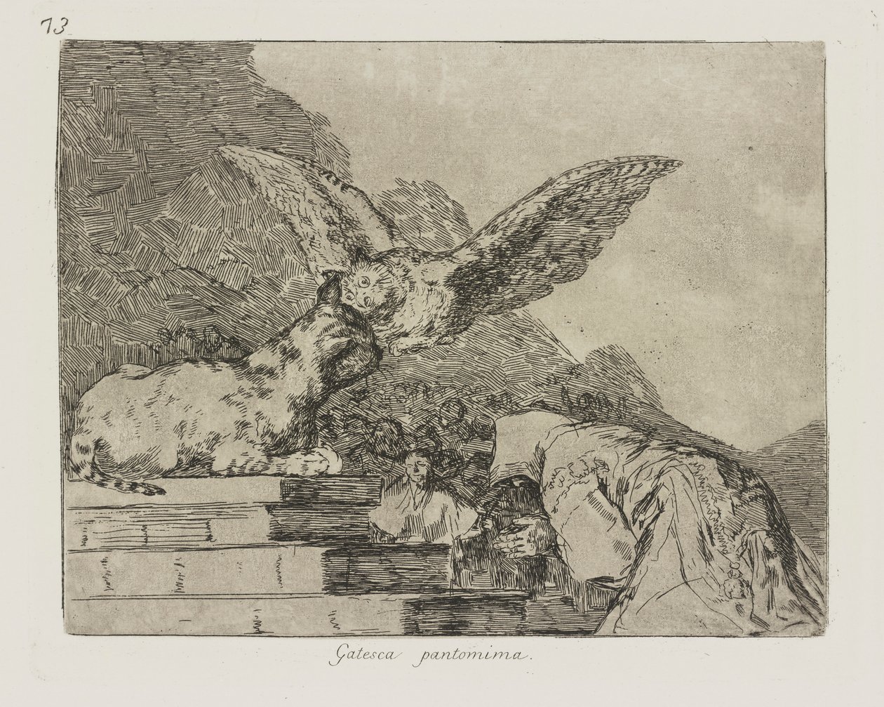 Gatesque pantomiimi. (Kissan pantomiimi.), pl. 73 sarjasta The Disasters of War tekijältä Francisco de Goya
