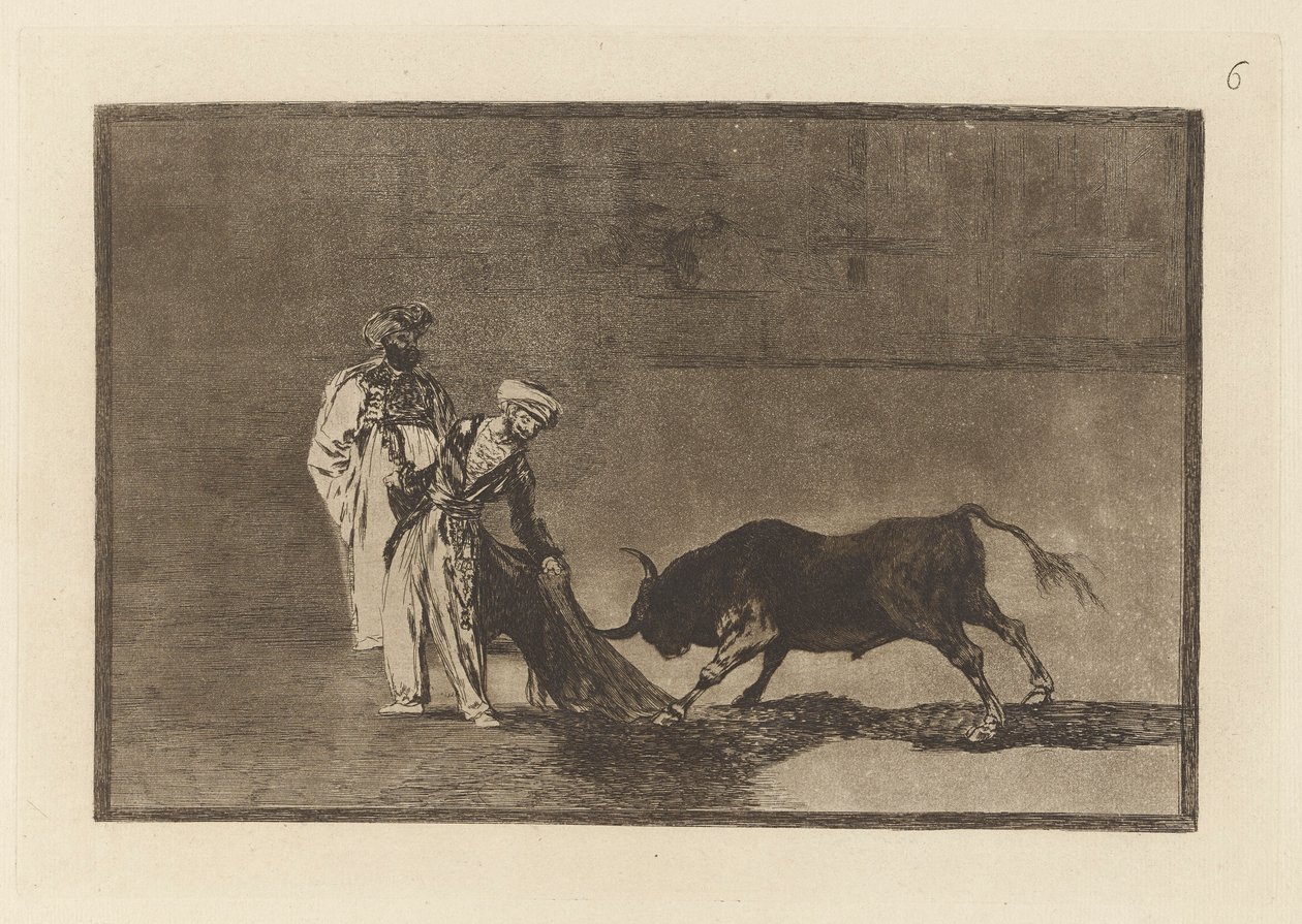 Maurit tekevät toisen capeon kehässä kylpytakkillaan (The Moors Make a Different Play in the Ring Calling the Bull with their Burnous), La tauromaquian levy 6 tekijältä Francisco de Goya