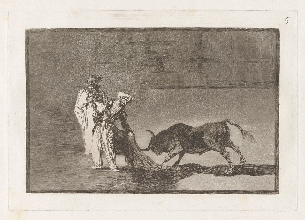 Maurit tekevät toisen capeon aukiolla albornozillaan (maurit soittavat kehässä toisenlaisen näytelmän kutsuen härkää palavallaan), levy 6 La tauromaquiasta tekijältä Francisco de Goya