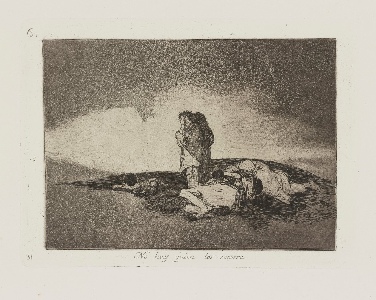 Kukaan ei auta heitä. (Ei ole ketään, joka auttaisi heitä.), pl. 60 sarjasta The Disasters of War tekijältä Francisco de Goya