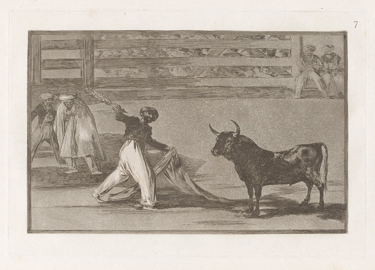 Harppuunien alkuperä? banderillat (harppuunien tai banderillojen alkuperä), levy 7 La tauromaquiasta tekijältä Francisco de Goya