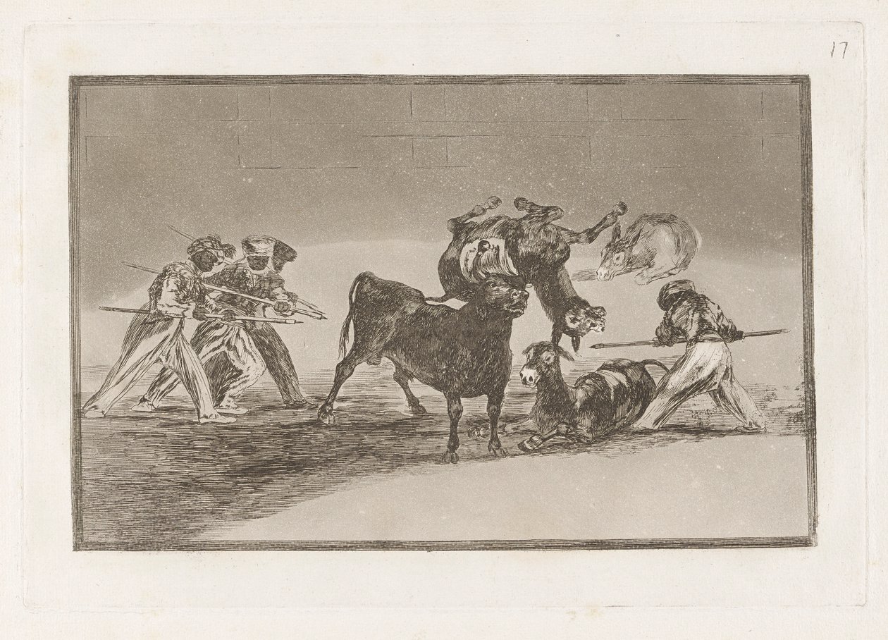 Palenque de los moros hecho con burros para defendere del toro embolado (maurit käyttävät aaseja esteenä puolustaakseen itseään härkää vastaan, jonka sarvia on tippunut palloilla), levy 17 La tauromaquiasta tekijältä Francisco de Goya