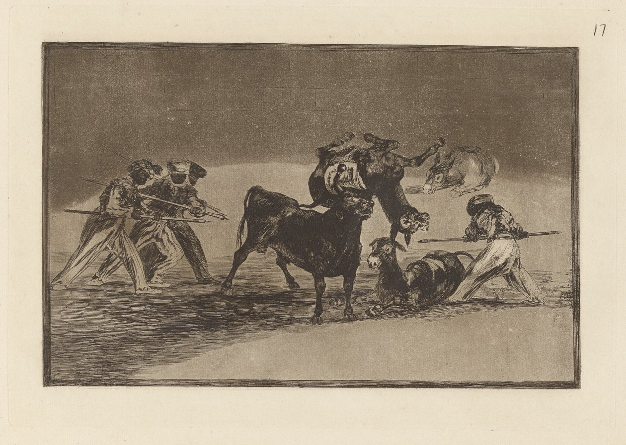 Palenque de los moros hecho con burros para defendere del toro embolado (maurit käyttävät aaseja esteenä puolustaakseen itseään härkää vastaan, jonka sarvia on tippunut palloilla), levy 17 La tauromaquiasta tekijältä Francisco de Goya