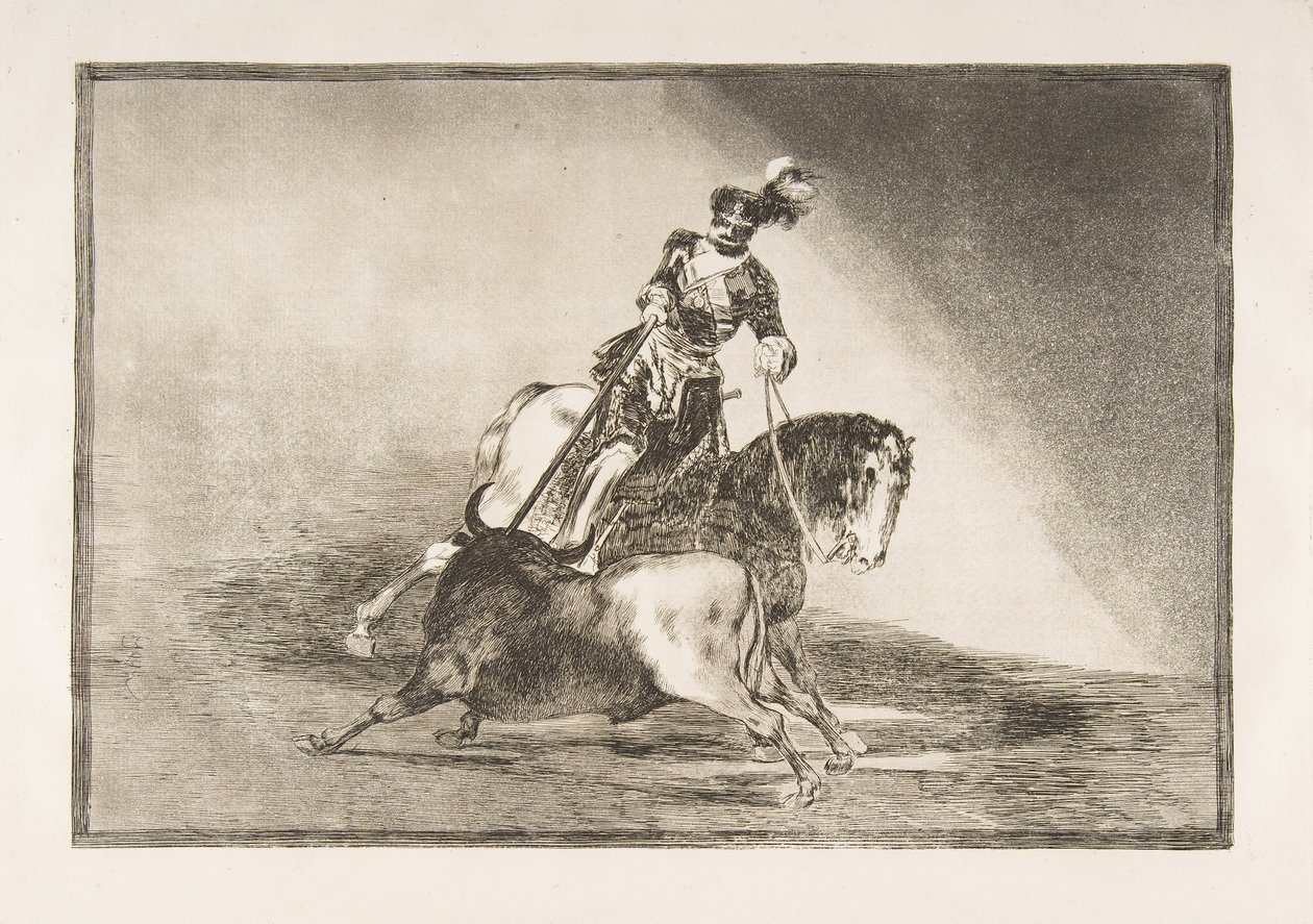 La Tauromaquian levy 10: Kaarle V keihäämässä härkää kehässä Valladolidissa, 1816. tekijältä Francisco de Goya
