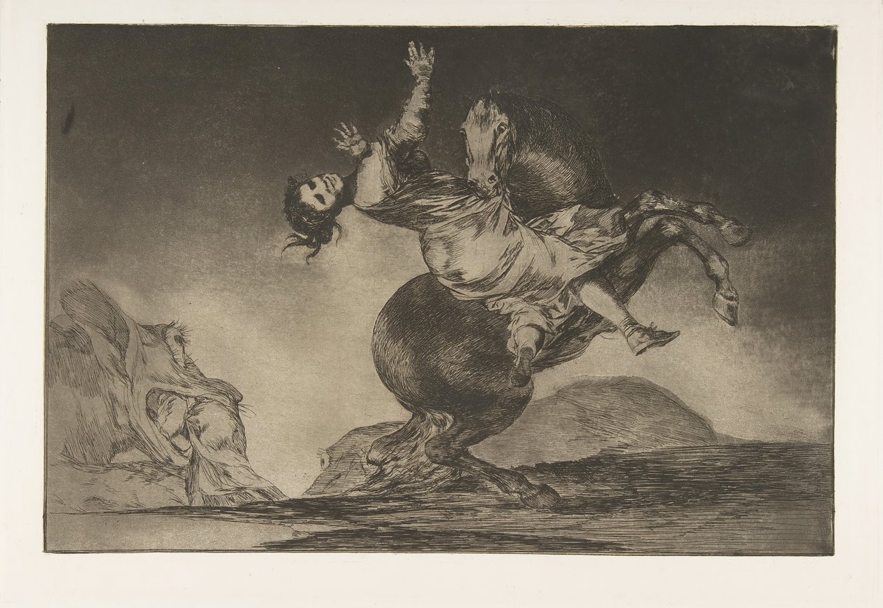 Levy 10 Disparatesista: Hevosen sieppaaja, n. 1816-23 julkaistu 1864. tekijältä Francisco de Goya