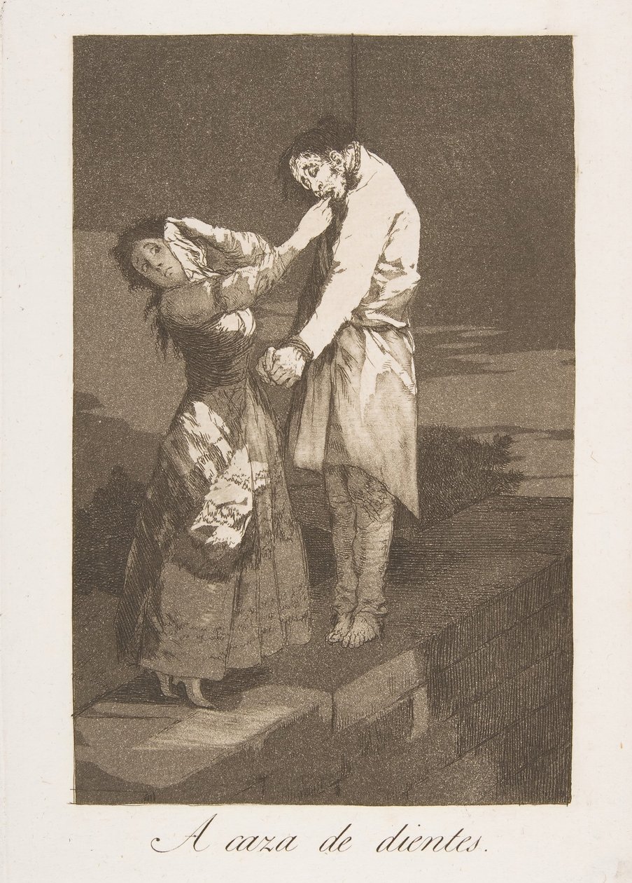 Kilpi 12 Los Caprichosista: Hampaiden metsästys A caza de dientes., 1799. tekijältä Francisco de Goya