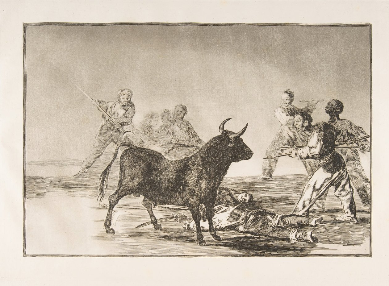 Tauromaquian taulu 12: Yleisö nyrjettää härkää nauhoilla, sirpeillä, nauhalla..., 1816. tekijältä Francisco de Goya