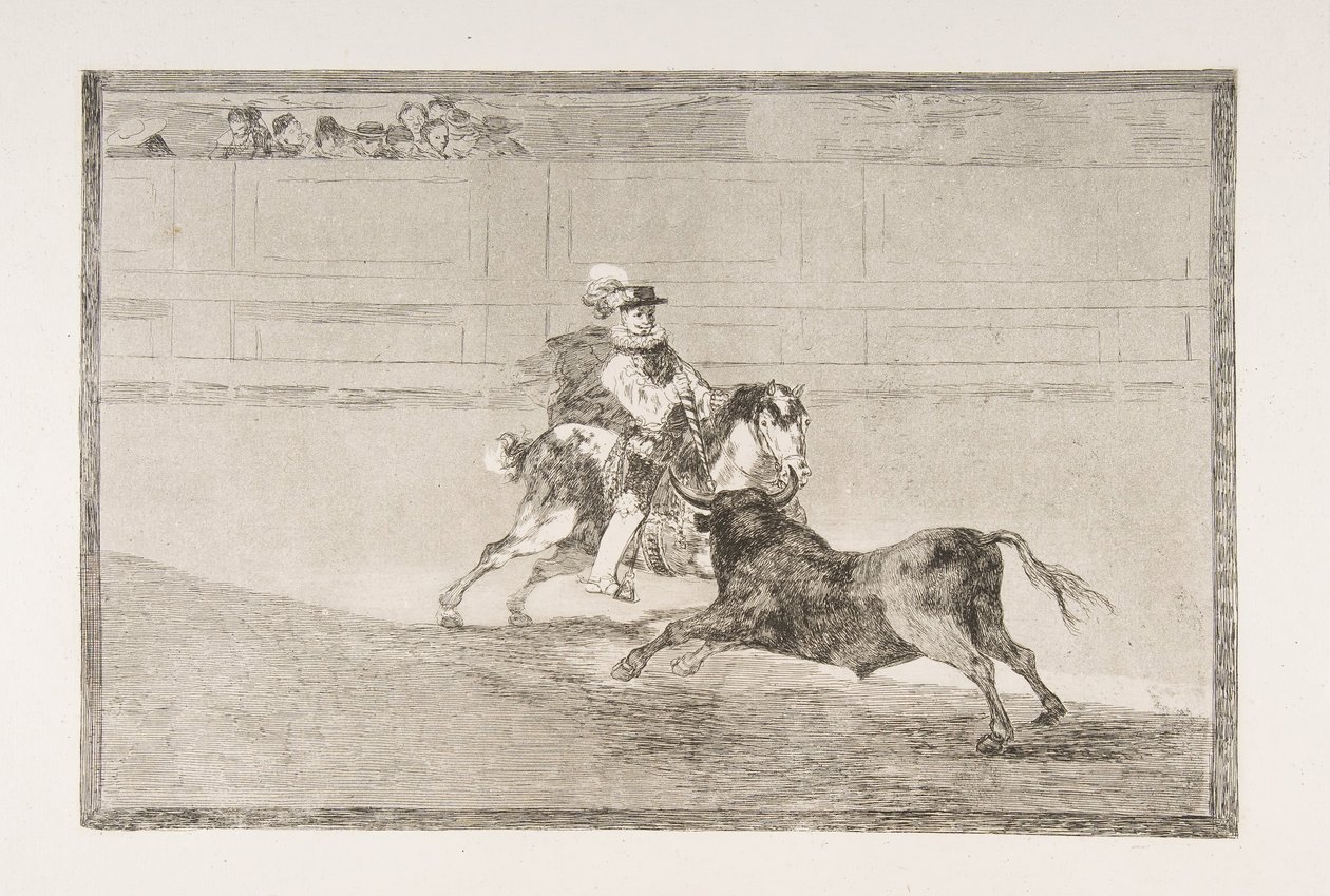 Tauromaquian levy 13: espanjalainen ratsastettu ritari kehässä murtamassa lyhyitä keihää..., 1816. tekijältä Francisco de Goya