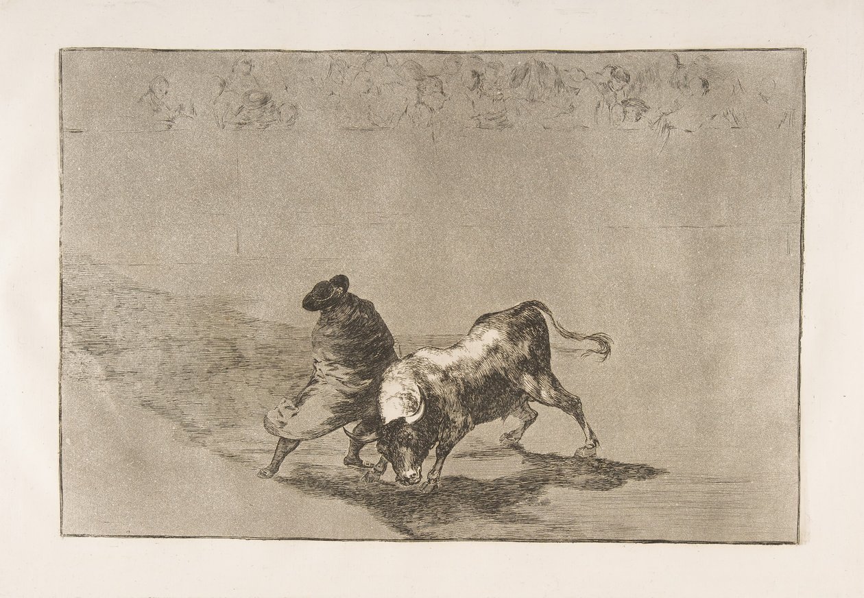 Tauromaquian levy 14: Falcesin erittäin taitava oppilas viittaansa käärittynä..., 1816. tekijältä Francisco de Goya