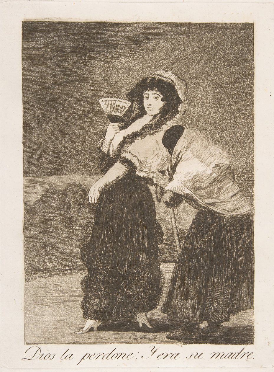 Levy 16 Los Caprichosista: Taivaan tähden: ja se oli hänen äitinsä Dios la Perdone: Y..., 1799. tekijältä Francisco de Goya